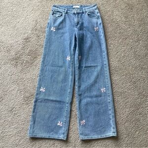 1030 Ten Thirty Light Blue Wide-Leg Denim Jeans with Pink Bow Embroidery 5/27